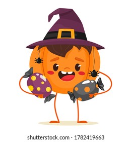 Joyful pumpkin holding candies in his hands, festive character. Happy Halloween. Sweet or nasty. Vector illustration in flat cartoon style.