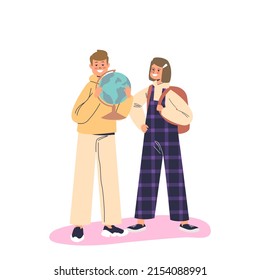 Joyful pupils with backpacks and earth globe happy smiling. Cheerful small schoolboy and schoolgirl together. School education concept. Cartoon flat vector illustration