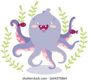 Joyful purple octopus with two fish and seaweed on the background in a children's style.  Perfect for children's prints.