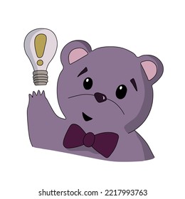 Joyful purple teddy bear with a crimson bow holding a light bulb with an exclamation mark symbol on its paw. Emotion expression concept. Vector illustration on a white background