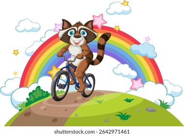 A joyful raccoon cycling on a sunny day