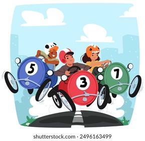 Alegre Escena De Carrera Con Tres Niños En Coloridos Coches De Pedales Numerados 5, 3 Y 7, Que Muestran Una Acción Vibrante Y Una Competencia Juguetona Contra Un Telón De Fondo De Paisaje Urbano. Ilustración vectorial de dibujos animados de personajes