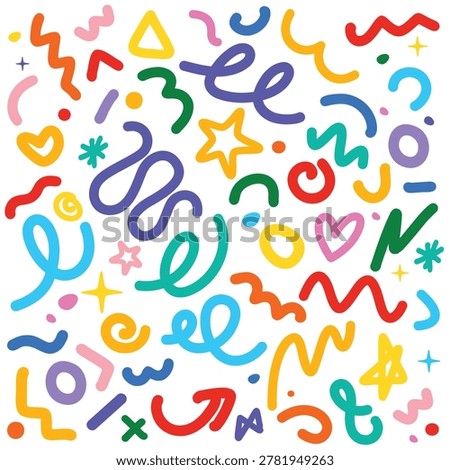Joyful rainbow hand-drawn doodle pattern. Colorful squiggly lines abstract squiggles handdrawn illustration various freeform shapes Vector. For birthday, decoration, banner, anniversary, celebrate, and celebration card design element.