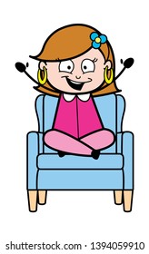 Joyful Raising Hands - Retro Cartoon Female Housewife Mom Vector Illustration