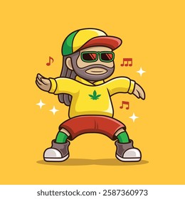 Joyful Rastafarian with long, curly hair dancing to reggae music. Perfect for use as a mascot, sticker, or logo with a vibrant reggae music theme.