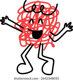 Joyful red scribble character celebrating. Energetic and happy hand-drawn monster with open arms