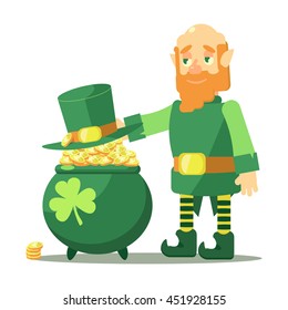 joyful red-bearded leprechaun glad pot of coins, pot and coins decorated with clover
