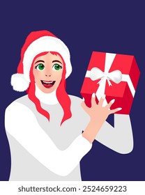 Joyful Red-Haired Girl Holding a Christmas Gift