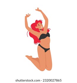 Joyful Redhead Woman Leaping In Swimsuit, Radiating Happiness And Freedom, Embracing The Exhilarating Feeling Of The Moment. Female Character Wear Black Bikini. Cartoon People Vector Illustration