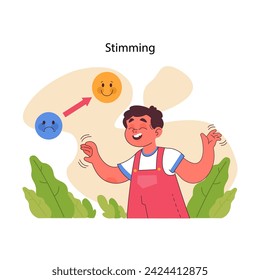 Joyful representation of stimming, a self-regulation strategy in autism, showcasing a child transitioning from sadness to happiness. Flat vector illustration.