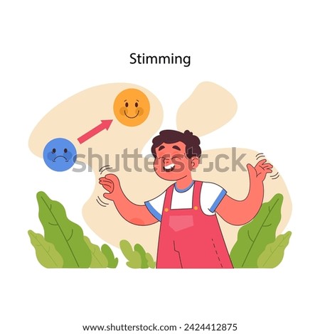 Joyful representation of stimming, a self-regulation strategy in autism, showcasing a child transitioning from sadness to happiness. Flat vector illustration.