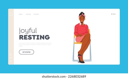 Joyful Resting Landing Page Template. Young Female Character Sitting On Chair With Smiling Expression. Woman Gazing Into The Distance, Looks Relaxed And Peaceful. Cartoon People Vector Illustration