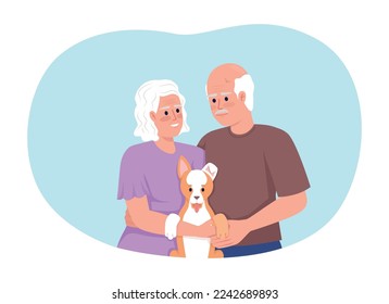 Joyful retired couple with puppy in hands 2D vector isolated illustration. Strong relationships flat characters on cartoon background. Colorful editable scene for mobile, website, presentation