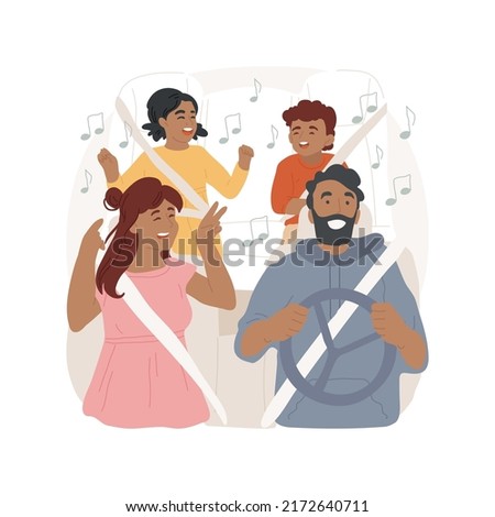 Joyful ride isolated cartoon vector illustration. Family ride in the car, going on vacation, children sitting on a back seat, singing a song, travelling together, joyful mood vector cartoon.