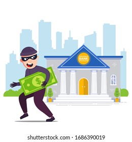 joyful robber with money runs away from the bank. flat character vector illustration