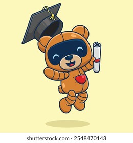 Joyful robotic bear in a graduation cap celebrating with a diploma ,vector illustration.