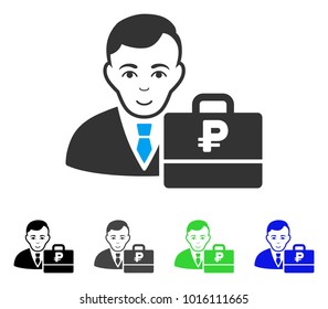 Joyful Rouble Accounter vector pictogram. Vector illustration style is a flat iconic rouble accounter symbol with gray, black, blue, green color variants. Person face has gladness feeling.