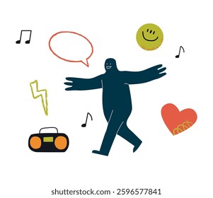 A joyful rounded character dances to the music. It is surrounded by hearts, clouds and bubbles. A symbol of happy activity.