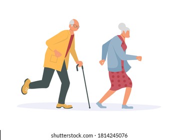 Joyful running elderly people bunner. Old men and women late, hurry or haste. Flat Art Vector Illustration