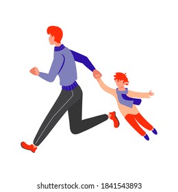 Joyful running People bunner. Father with son late, hurry or haste. Flat Art Vector Illustration