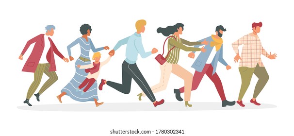 Joyful running People group bunner. Diversity of men and women late, hurry or haste. Flat Art Vector Illustration