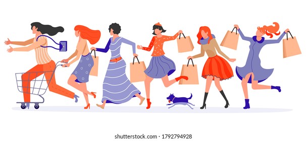 Joyful running People group bunner. Diversity of men and women late, hurry or haste. Flat Art Vector Illustration