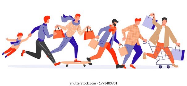 Joyful running People group bunner. Diversity of men and women late, hurry or haste. Flat Art Vector Illustration