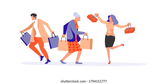 Joyful running People group bunner. Diversity of men and women late, hurry or haste. Flat Art Vector Illustration