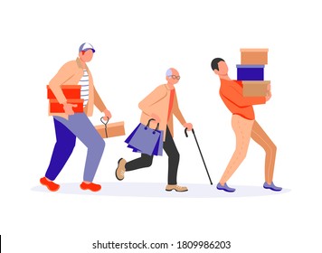 Joyful running People group bunner. Diversity of men late, hurry or haste. Flat Art Vector Illustration