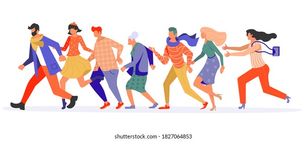 Joyful running People group bunner. Diversity of men and women late, hurry or haste. Flat Art Vector Illustration