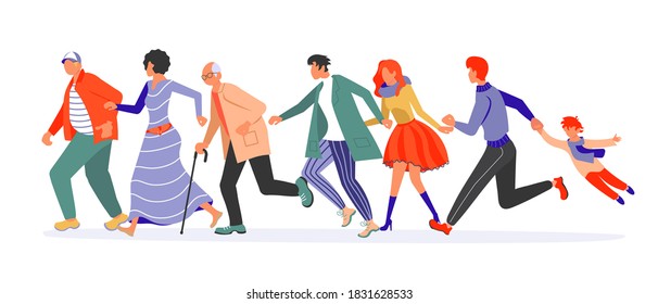 Joyful running People group bunner. Diversity of men and women late, hurry or haste. Flat Art Vector Illustration