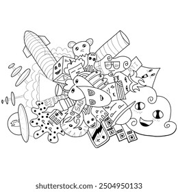 Joyful and sadness Black and White Cartoon Monsters and human emotion Party with objects space and earth cloud
