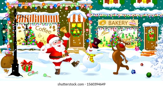 Joyful Santa Claus, deer and snowman on a snowy city street celebrate Christmas. Santa is ringing a Christmas bell.                                                                                    