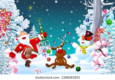 Joyful Santa Claus, deer, and snowman in the winter forest celebrate Christmas. There are snow-covered trees around. Snowfall. The Christmas star shines in the sky.