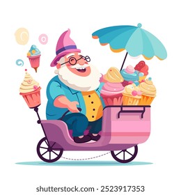 Joyful santa claus flat illustration in pink hat riding cart selling cupcakes and ice cream, street food concept