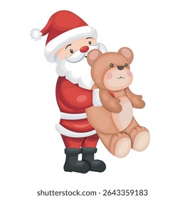 Papai Noel alegre gentilmente segurando um ursinho de pelúcia