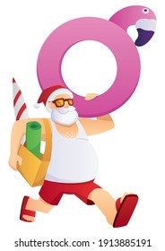 Joyful Santa Claus going to the beach while carrying pink flamingo swim ring and beach bag with umbrella for the sun in it.