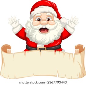 A joyful Santa Claus holding an empty paper roll, perfect for a banner
