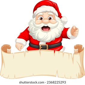 A joyful Santa Claus holding an empty paper roll, perfect for a banner