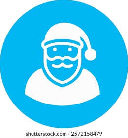 A joyful Santa Claus icon on a bright blue background, featuring his classic red hat, fluffy white beard, and a warm, cheerful smile. Perfect for spreading holiday cheer and celebrating the Christmas 