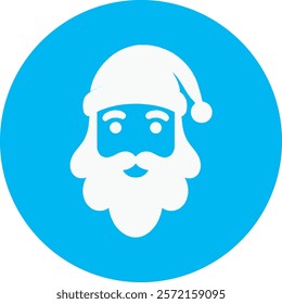 A joyful Santa Claus icon on a bright blue background, featuring his classic red hat, fluffy white beard, and a warm, cheerful smile. Perfect for spreading holiday cheer and celebrating the Christmas 