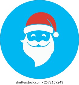 A joyful Santa Claus icon on a bright blue background, featuring his classic red hat, fluffy white beard, and a warm, cheerful smile. Perfect for spreading holiday cheer and celebrating the Christmas 