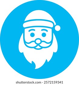 A joyful Santa Claus icon on a bright blue background, featuring his classic red hat, fluffy white beard, and a warm, cheerful smile. Perfect for spreading holiday cheer and celebrating the Christmas 