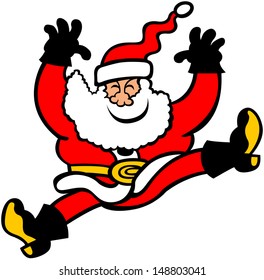 Joyful Santa Claus jumping high, having fun, smiling animatedly and extending his arms and feet while falling down