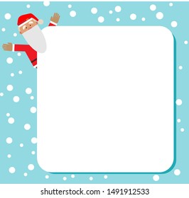 joyful Santa Claus looks out from behind a sheet of paper on the background of winter snowfall