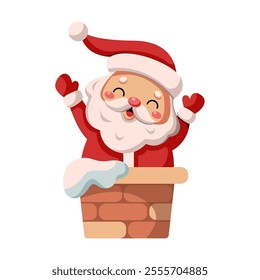 Joyful Santa Claus in snowy brick chimney flat color vector character. Happy Saint Nicholas wishing merry Christmas illustration on white