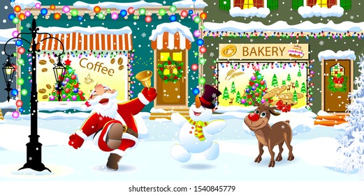 Joyful Santa, deer and snowman on a snowy city street celebrate Christmas. Santa is ringing a Christmas bell.                                                                                          