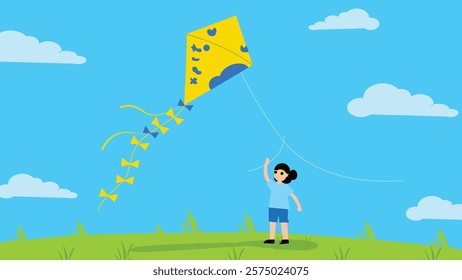  A joyful scene of a child flying a bright yellow kite on a clear, sunny day. The vibrant blue sky and fluffy clouds provide the perfect backdrop for this outdoor activity. A fun moment capturing the 