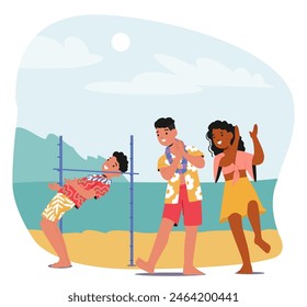 Escena Alegre En La Playa Con Amigos Personajes Jugando Limbo Con Expresiones Lúdicas Y Felices Mientras Disfrutan Del Juego Bajo El Cielo Azul, Cada Uno Vestido Con Ropa De Verano. Ilustración vectorial de Personas de dibujos animados