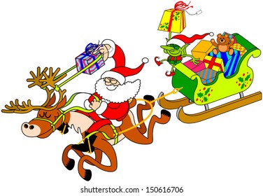 Joyful scene showing Santa Claus riding a reindeer and flinging gifts by using a slingshot attached to the animal antlers. The reindeer is pulling a sleigh with an elf and full of Christmas presents